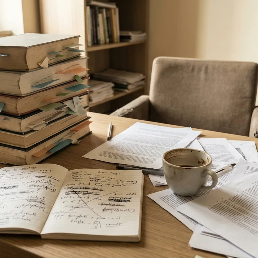 Bureau couvert de livres pleins de marque-pages et de notes éparses