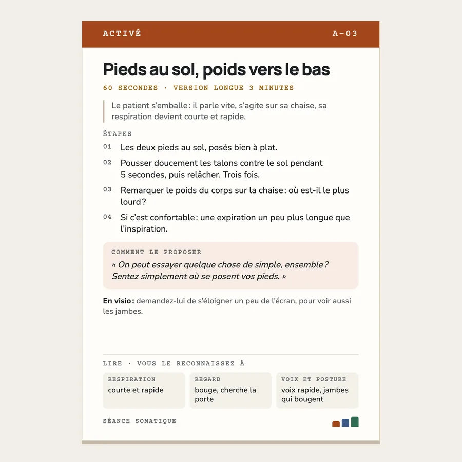 Carte A-03 pour le patient activé : étapes, durée, phrase et signes à lire