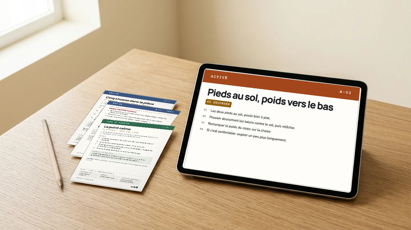 La carte A-03 « Pieds au sol, poids vers le bas » ouverte sur une tablette, à côté des cartes imprimées E-05 et F-02