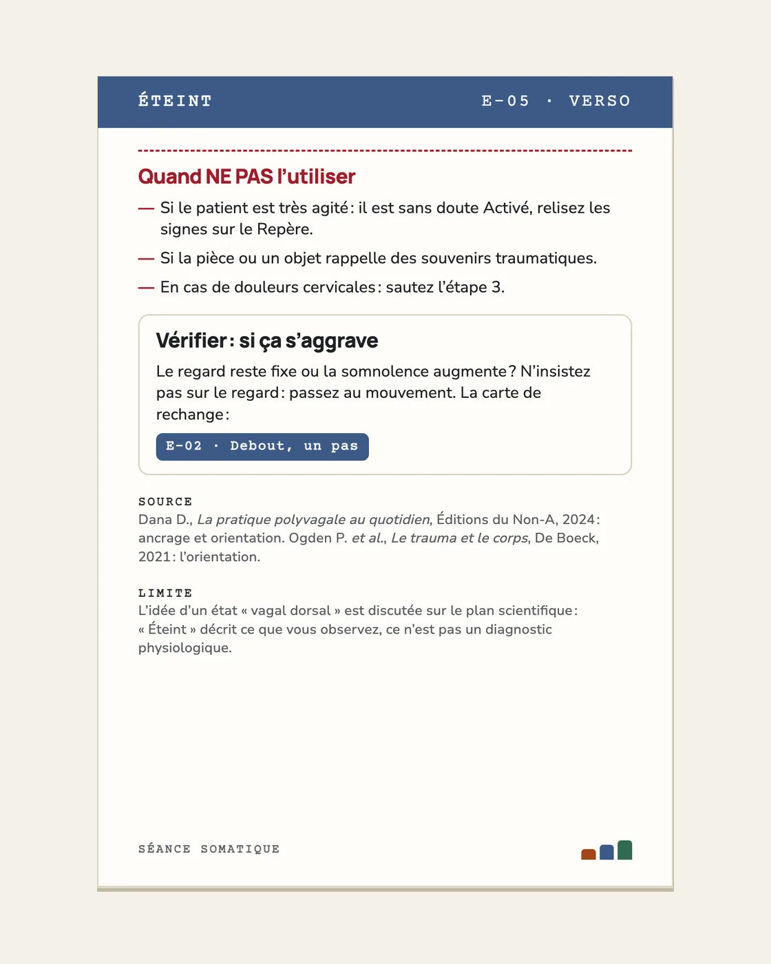 Verso de la carte E-05 : quand NE PAS l’utiliser, vérifier, carte de rechange E-02