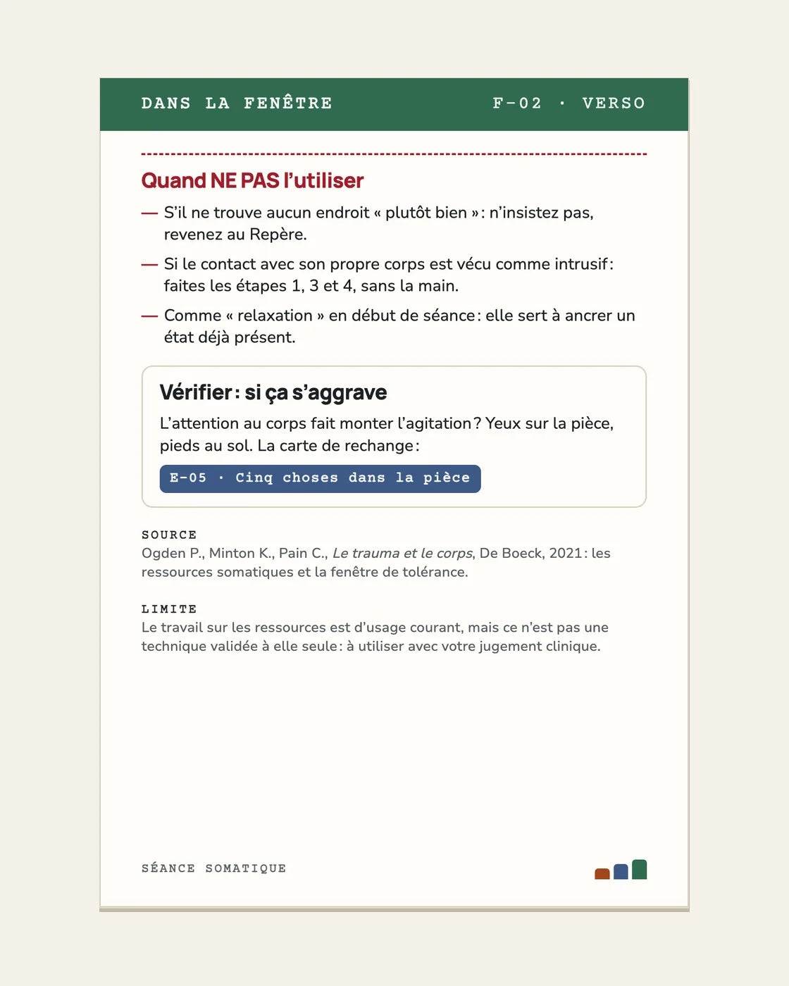Verso de la carte F-02 : quand NE PAS l’utiliser, source et limite