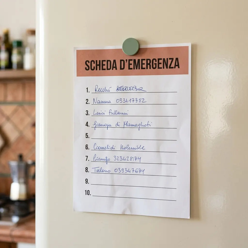 La Scheda d'emergenza attaccata al frigorifero con una calamita