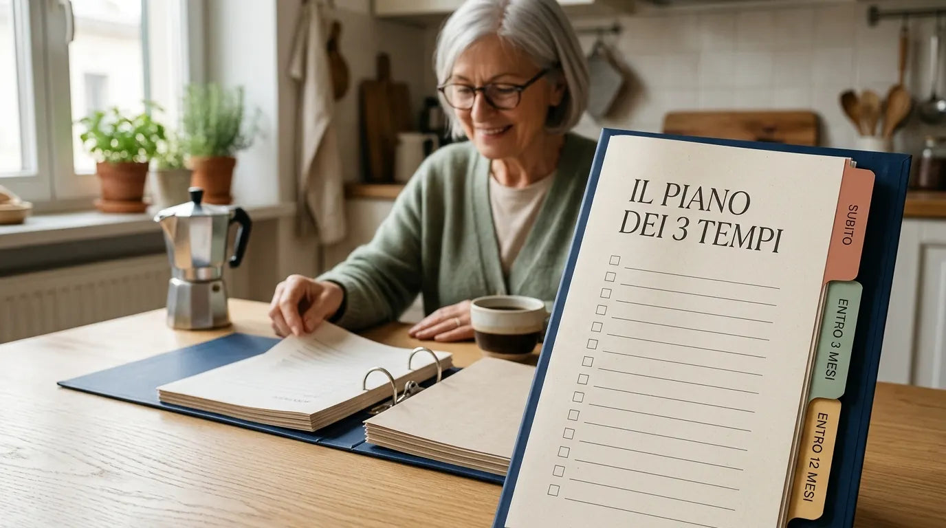 Raccoglitore blu aperto sulla pagina «Il Piano dei 3 Tempi», con le linguette Subito, Entro 3 mesi, Entro 12 mesi