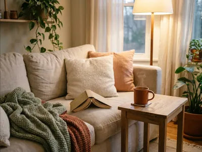 Divano con coperta e una tazza di tè: la domenica è libera