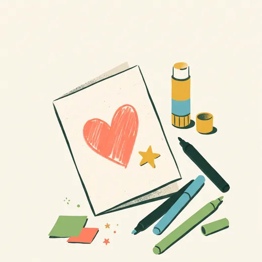 A card with a heart and pens