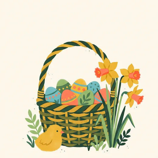 An Easter basket with eggs and a chick