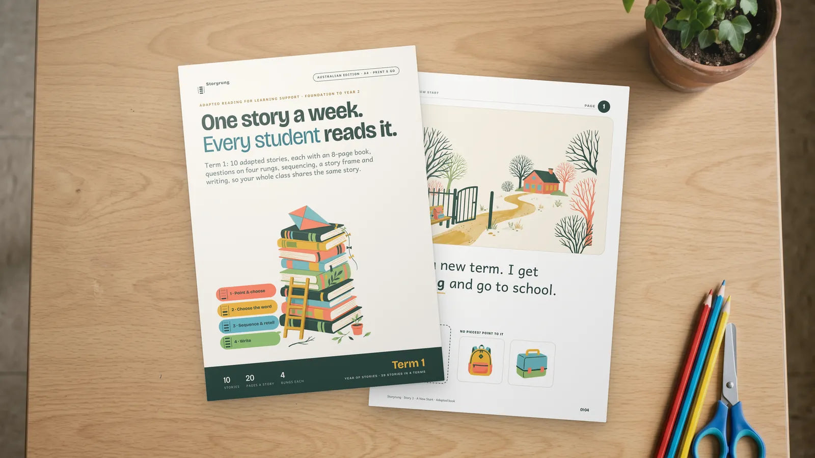 The Storyrung Australian edition Term 1 book and the first page of A New Start on a classroom desk