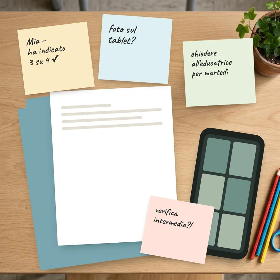 Post-it, una cartellina e un tablet con appunti sparsi su un alunno