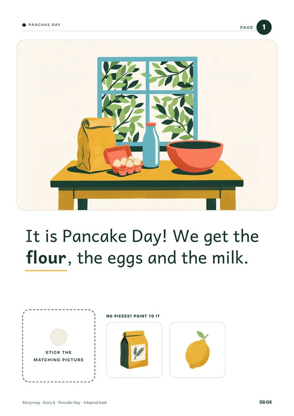 Book page 1: It is Pancake Day! We get the flour, the eggs and the milk, with a Point to it strip