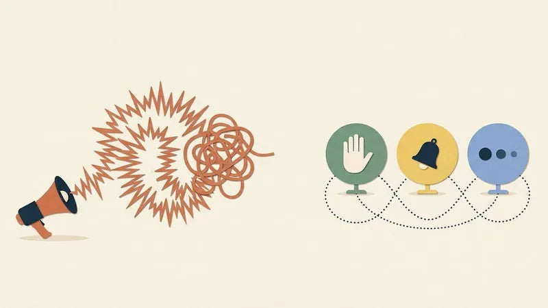À esquerda uma espiral de ondas sonoras; à direita três sinais calmos em sequência