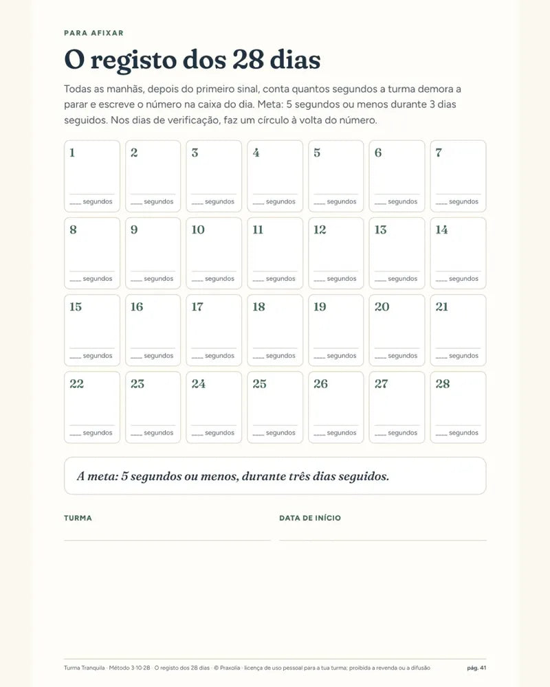 Registo dos 28 dias com os segundos do sinal