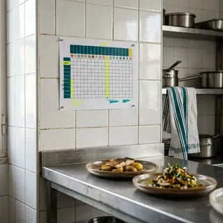 Matriz de alergénios afixada numa cozinha (imagem ilustrativa)