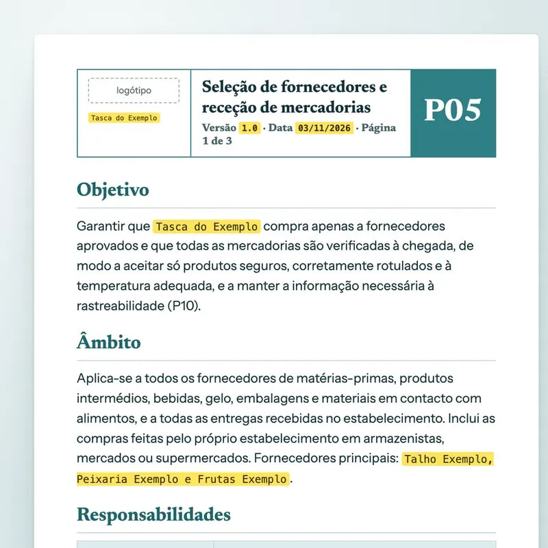 Página P05 do HACCP à Medida preenchida com os dados da Tasca do Exemplo (pré-visualização ilustrativa)