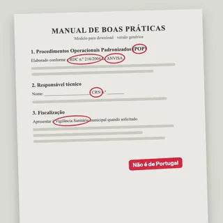 Modelo genérico de manual com POP, RDC 216 e ANVISA assinalados a vermelho (imagem ilustrativa)