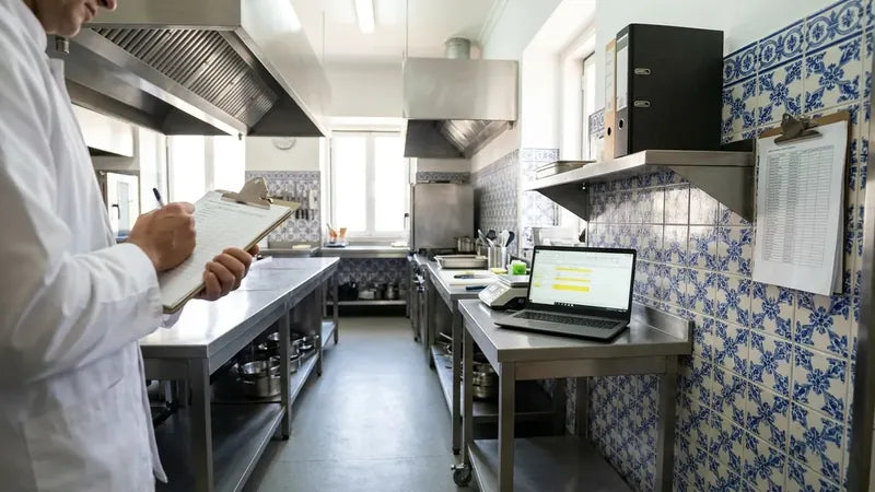 Consultora com checklist na cozinha, portátil com campos a amarelo e dossier pronto na prateleira (imagem ilustrativa)