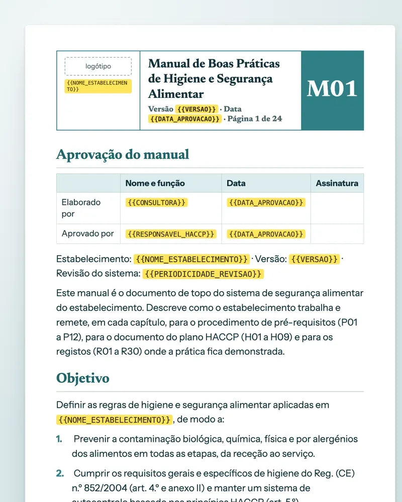 Página do Manual de Boas Práticas com campos a amarelo