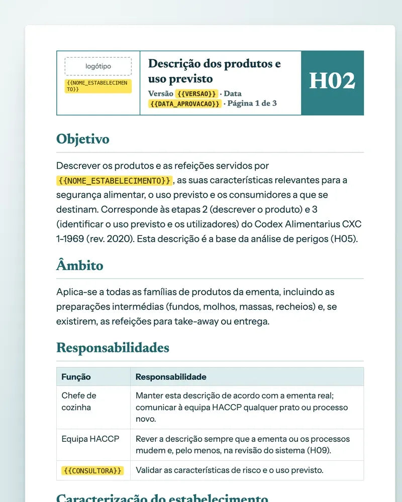 Página da descrição dos produtos e uso previsto