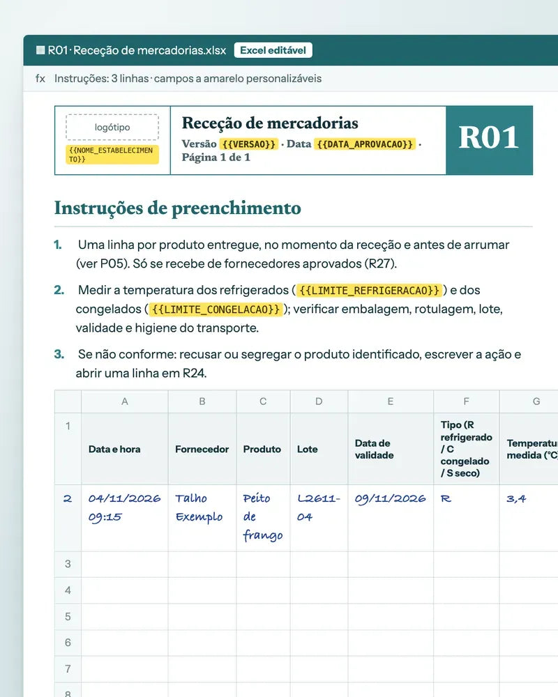 Registo de receção de mercadorias em Excel