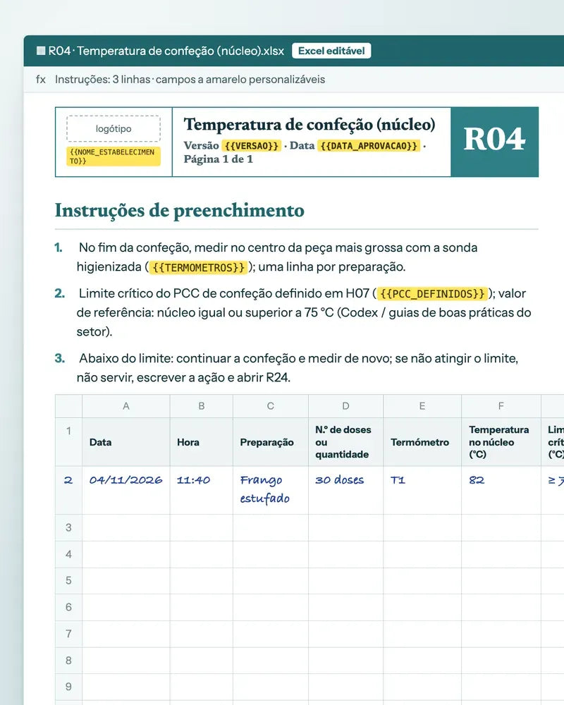Registo de temperatura de confeção em Excel
