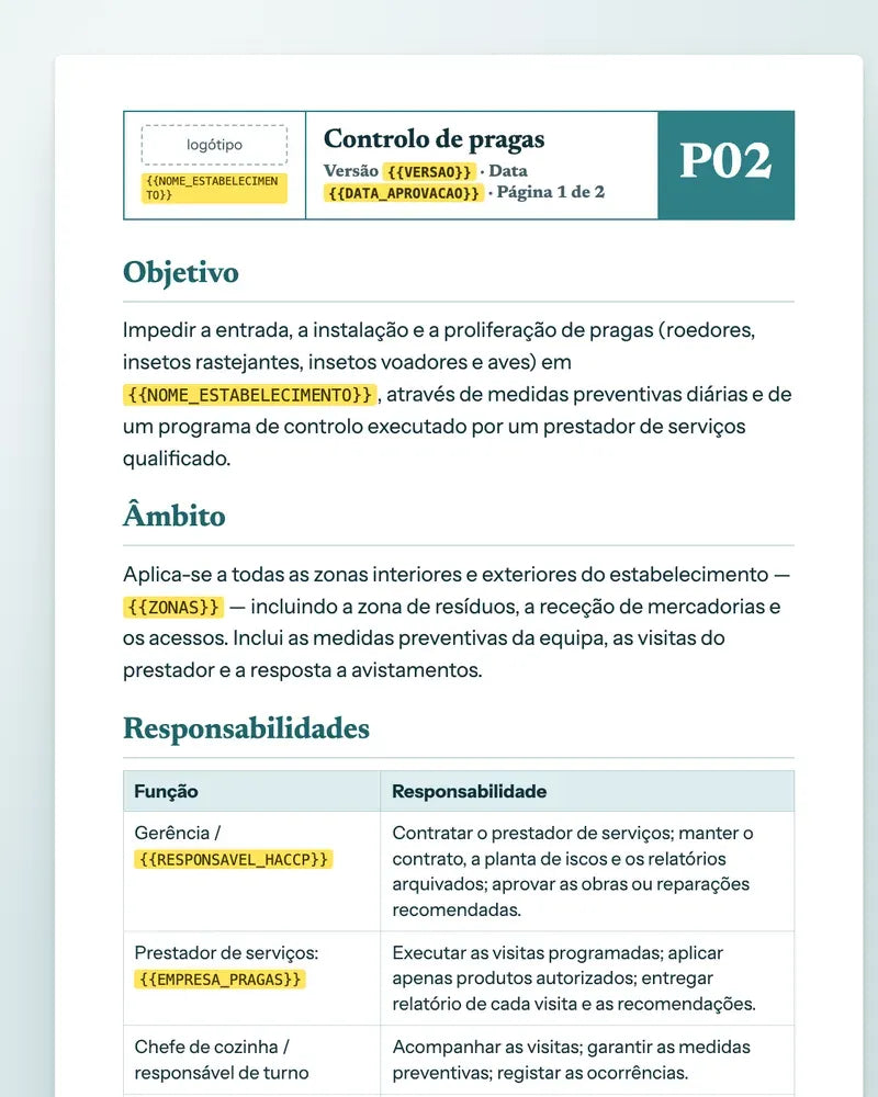 Página do pré-requisito de controlo de pragas