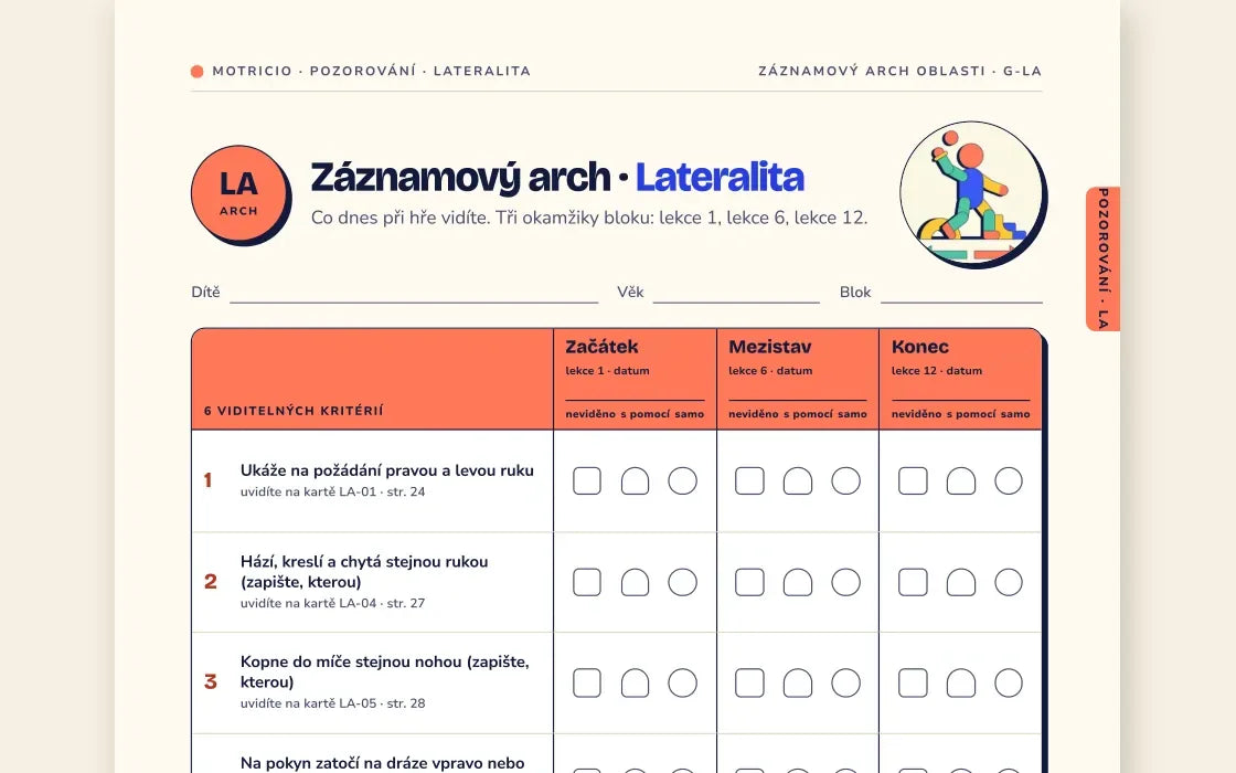 Záznamový arch Lateralita se šesti viditelnými kritérii, která se odškrtávají