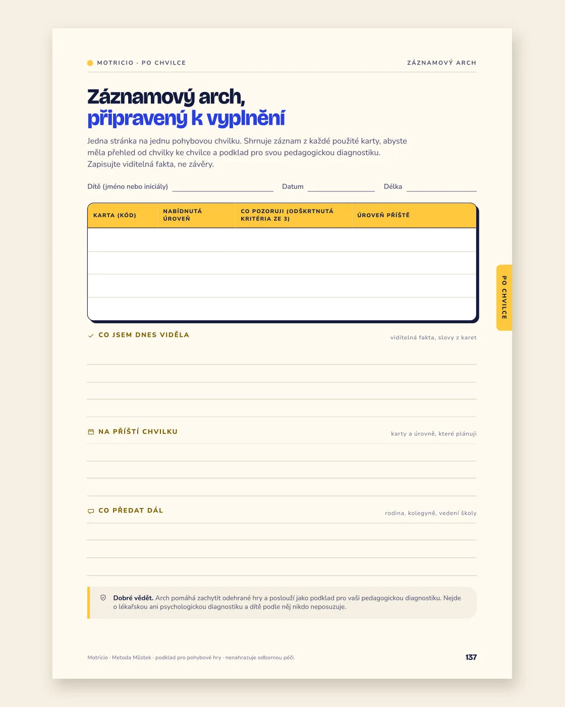 Záznamový arch připravený k vyplnění