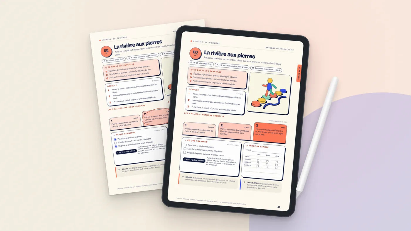 L'exemple rempli de la fiche EQ-04 sur une tablette, à côté de la fiche imprimée