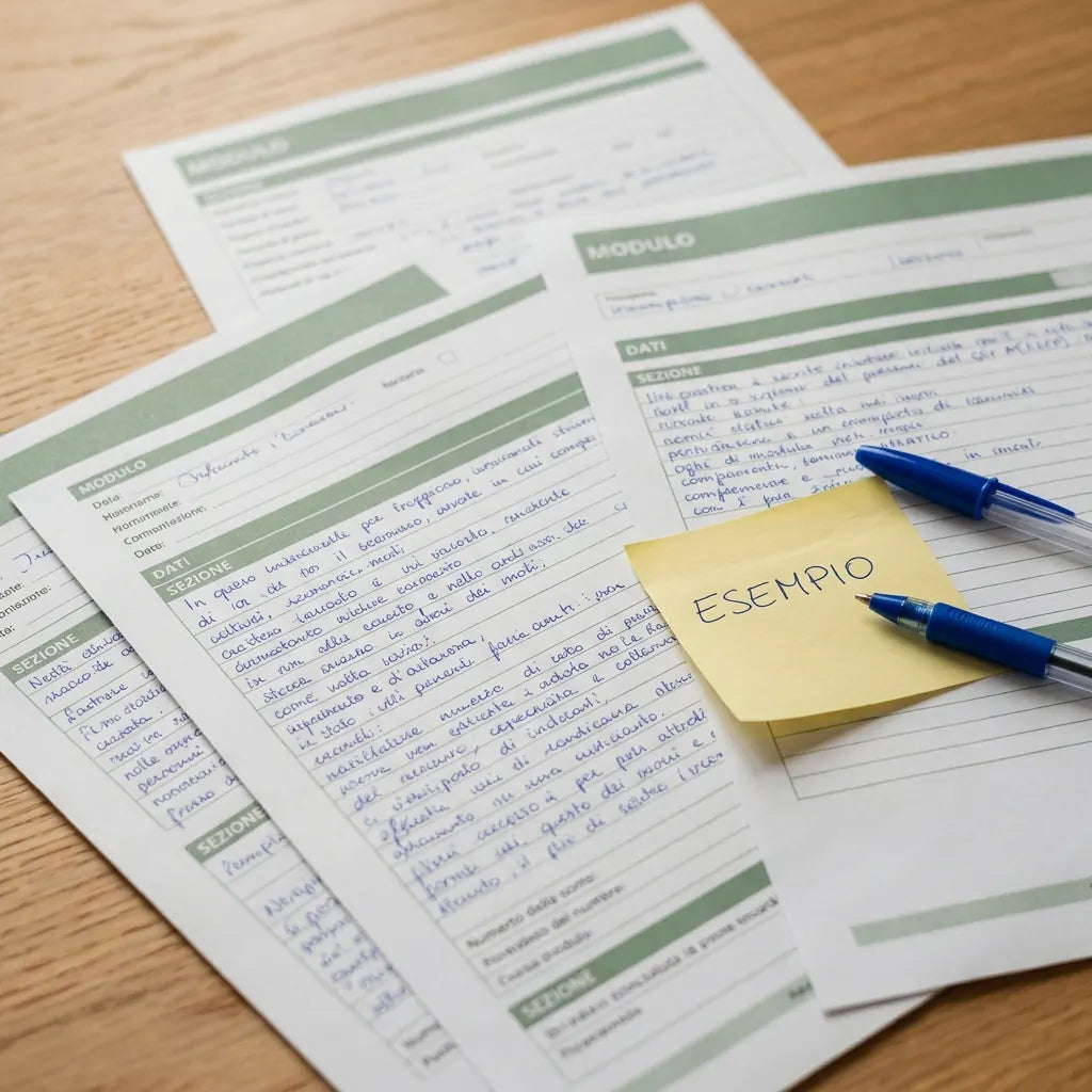 Schede compilate con un post-it con scritto Esempio