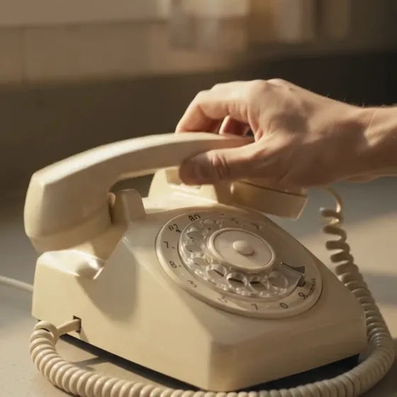 Una mano solleva la cornetta di un vecchio telefono