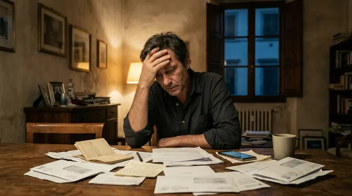 Un uomo di sera davanti a un tavolo pieno di carte e lettere della banca