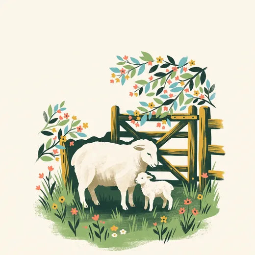 A sheep and a lamb by a farm gate