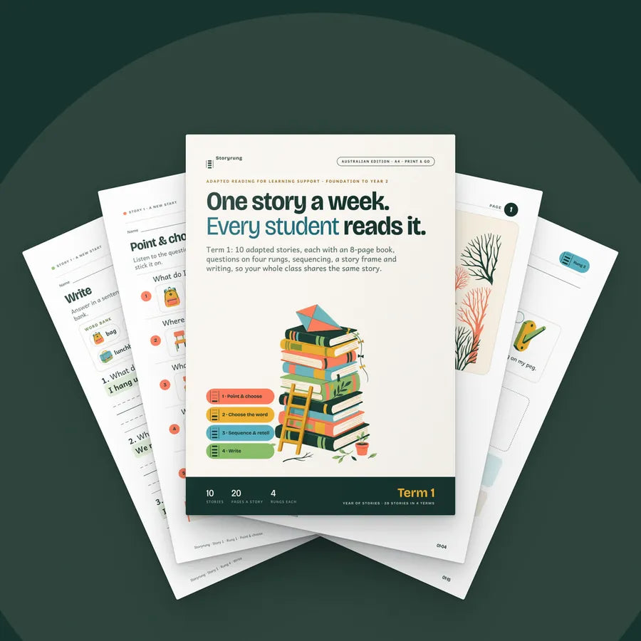 The Storyrung Term 1 book fanned out with its four rung sheets