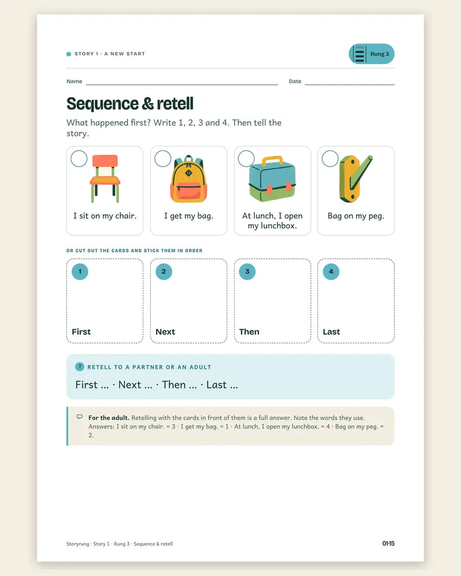 Rung 3 sheet of A New Start: sequence and retell