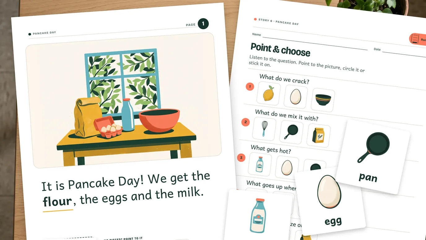 A Pancake Day book page, the Rung 1 sheet and picture pieces on a desk