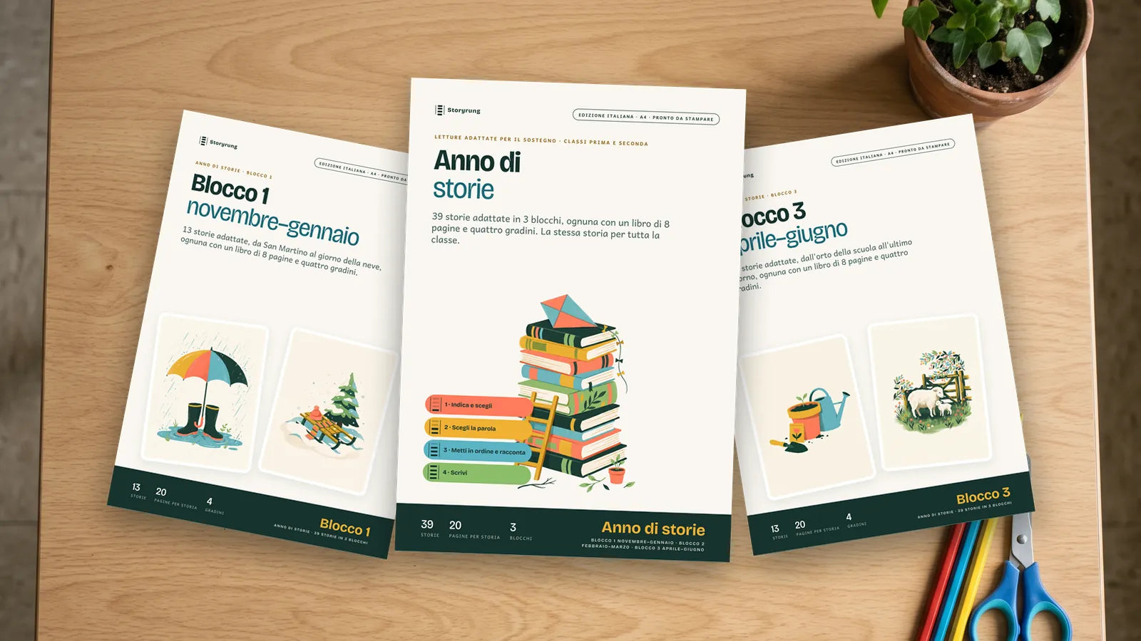 Le copertine dell'Anno di storie e dei blocchi, edizione italiana, su una scrivania di classe