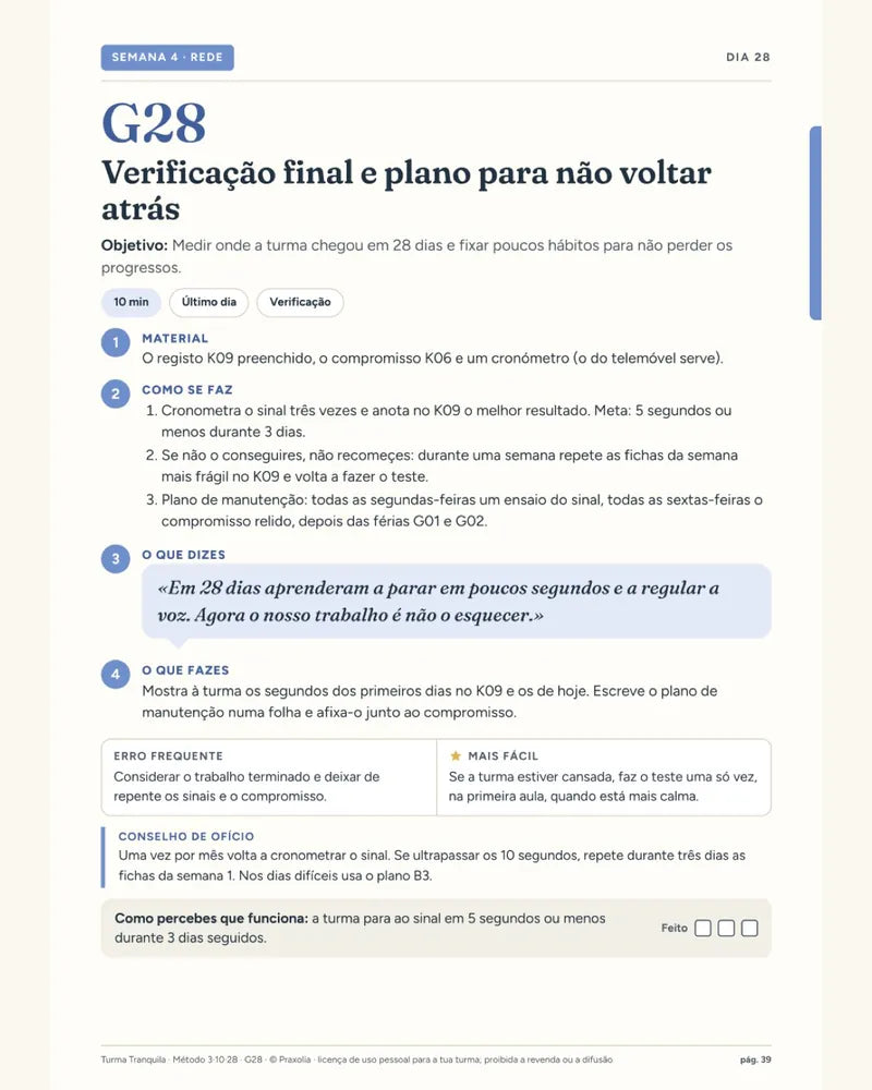 Ficha G28: verificação final e plano de manutenção